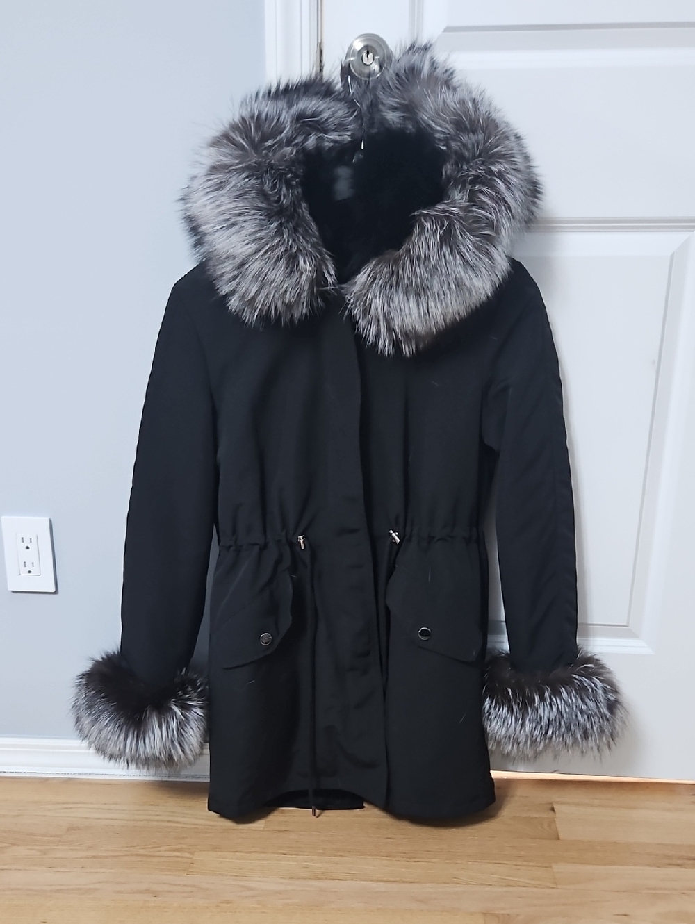 Black Parka with Silver Fur Trim - Women’s Winter Coat